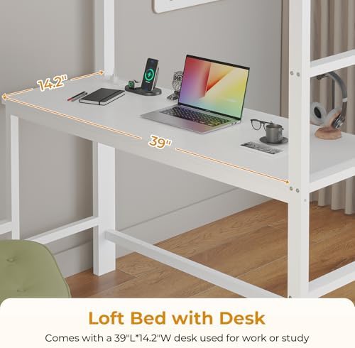 ADORNEVE Twin Loft Bed with Desk, 8 Storage Drawers,LED Lights, White