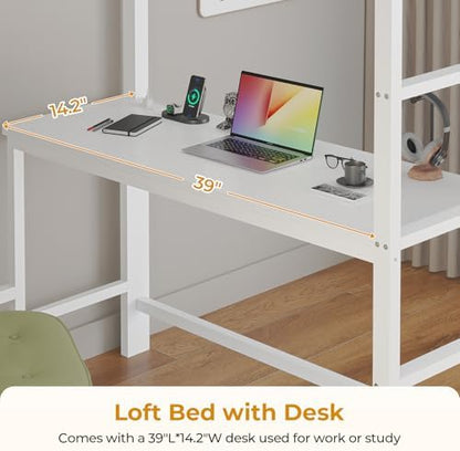 ADORNEVE Twin Loft Bed with Desk, 8 Storage Drawers,LED Lights, White