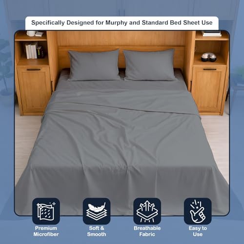 Cottington Lane Stone Grey Sheets for Murphy Bed Mattress, 4 Piece Premium Ultra Soft Brushed Microfiber Queen Size Wall Bed Sheet Set, 6-10 Inch Deep Pocket with All-Around Elastic