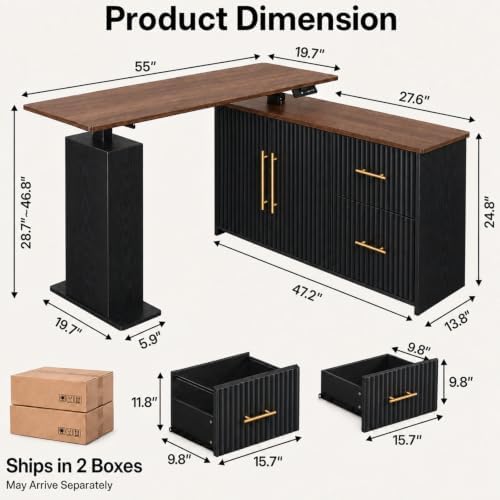 NORTHSKY 55" L-Shaped Electric Standing Desk with Drawers and Storage Cabinet, Height Adjustable Corner Desk for Home Office, 3 Memory Presets (Dark Walnut & Black, Right Cabinet)