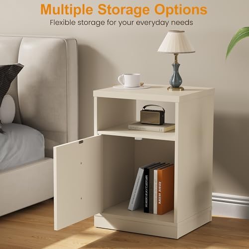 RoyalCraft Beige Nightstand Set of 2, Small End Table with Storage Shelf and Door, Faux Two-Drawer Design Side Table, Modern Night Stand for Bedroom Dorm, Wood Beside Table for Small Spaces