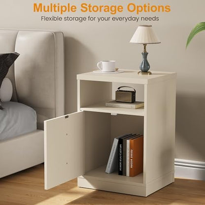 RoyalCraft Beige Nightstand Set of 2, Small End Table with Storage Shelf and Door, Faux Two-Drawer Design Side Table, Modern Night Stand for Bedroom Dorm, Wood Beside Table for Small Spaces