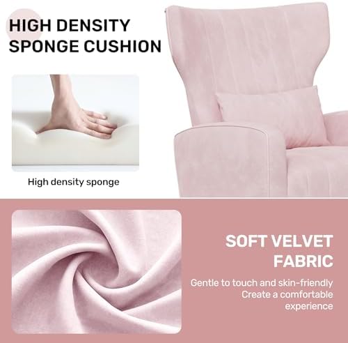 Nebuaegis Pink Velvet Accent Chair Set of 4, Wingback Chair for Living Room, High Back Arm Chair with Golden Legs Lumbar Pillow, Upholstered Single Sofa Bedroom
