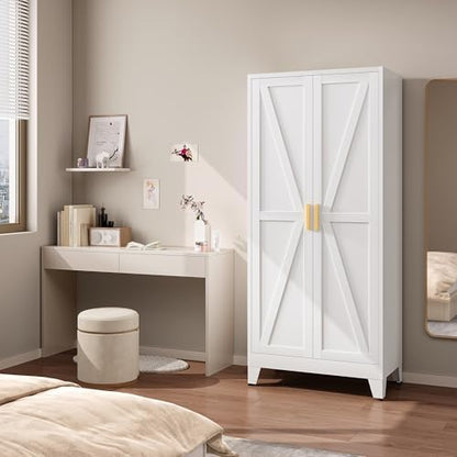 71" Metal Armoire Wardrobe Closet with Hanging Rod, White-X 2 Shelves