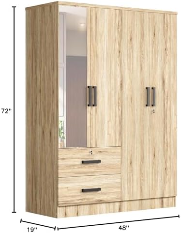 Woodpeckers Furniture And Mattress 4 Mirrored Doors Wardrobe 2 Drawers with Shelves 72 high (1 Mirror, Natural Oak)