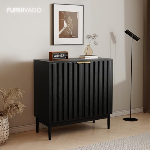 Fluted Buffet Cabinet with Storage, Small Accent Cabinet, Black