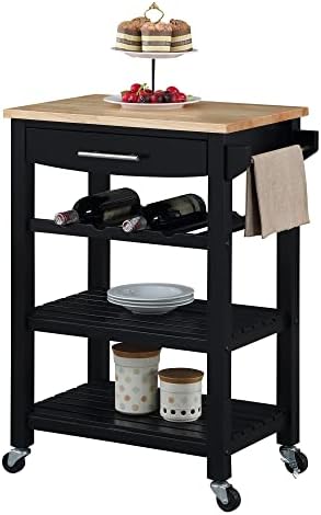 Convenience Concepts Ellaine Butcher Block Kitchen Cart 24.75" - 4 Tier Kitchen Island with Storage Drawer, Dining Room Wine Rack on Wheels, Coffee Station Table, Mobile Utility Trolley, Black