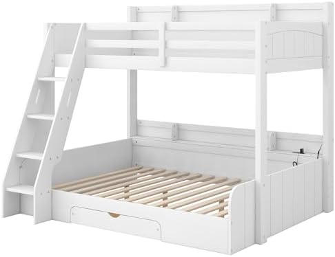Wood Bunk Bed Twin Over Full Size with Built-in Storage Shelves and Charging Station, Versatile Bunk Bed Frame with Ladder and Guardrail for Kids Teens Adult, Maximize Space (White-5.6)