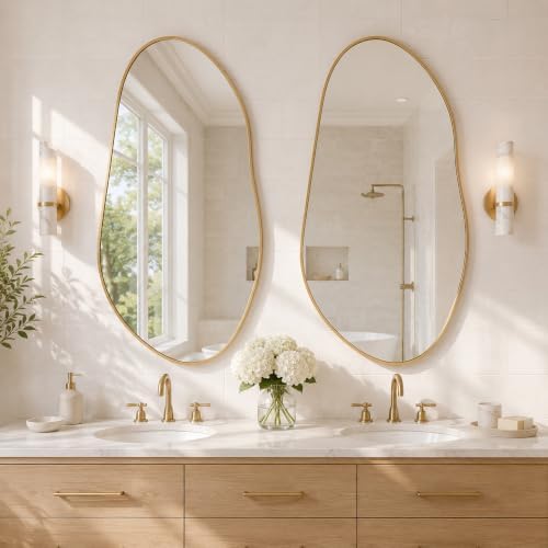Matte Gold 32x16.5 Inch Asymmetrical Organic Oval Wall Mirror