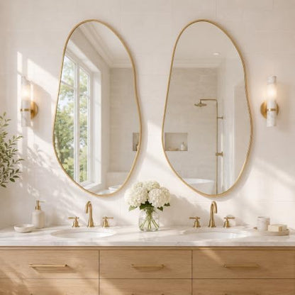Matte Gold 32x16.5 Inch Asymmetrical Organic Oval Wall Mirror