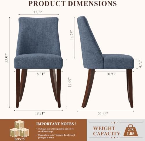 COLAMY Upholstered Dining Chairs Set of 6, Mid Century Modern Kitchen Chairs with Back, Farmhouse Fabric Side Dining Room Chairs with Wood Legs for Dining Room Restaurant, Blue