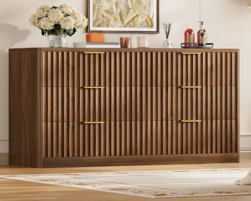 Fluted 6 Drawer Dresser for Bedroom, Wide Modern Chest of Drawers with Metal Handle, Curved Profile Design, Wood Closet Clothes Storage Organizer for Bedroom, Hallway, Walnut