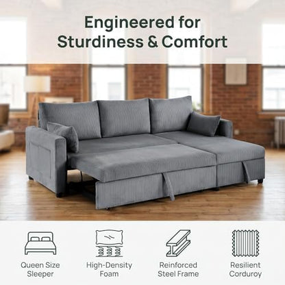Sectional Sleeper Sofa with Pull Out Bed, LShape Convertible Sofa Bed Couch with Storage Chaise, 3 in 1 Pull Out Sofa Bed with 3 Seats, for Living Room,Apartment, Gray, 85Inch