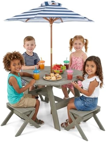 Costzon Kids Picnic Table, Fir Wood Octagon Kids Table and Chair Set with Removable Umbrella, Toddler Activity Table for Backyard, Garden, Patio, Kids Outdoor Furniture for Boys Girls (Grey)