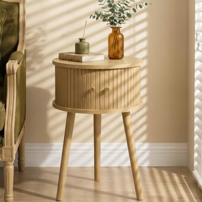 Afuly Round Side Table Small Oak Fluted End Table with Cabinet Living Room