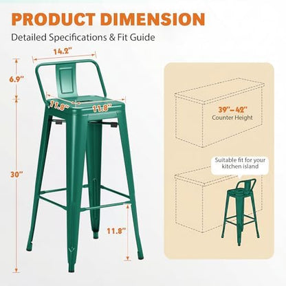 Furmax 30 Inch Metal Bar Stools Set of 4, Counter Height Stools, Industrial Bar Chairs Patio Stool Stackable Stool for Kitchen/Dining Room/Indoor Outdoor(Green, 30'' Lower Back)