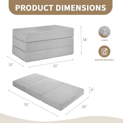 CYMULA Folding Mattress Single Size,6" Tri-Fold Floor Mat for Naps,Grey