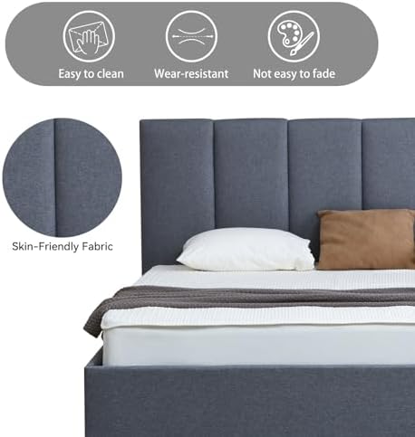 VELOCAVA King Size Upholstered Lift-Up Storage Bed, Dark Gray Linen-Look Fabric Platform Bed with Vertical Panel Headboard, Hydraulic Lift Storage, Wooden Slat Support, No Box Spring Needed