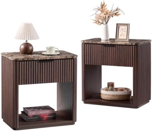 Curved Fluted Nightstand Set of 2, Faux Marble Top, Dark Oak