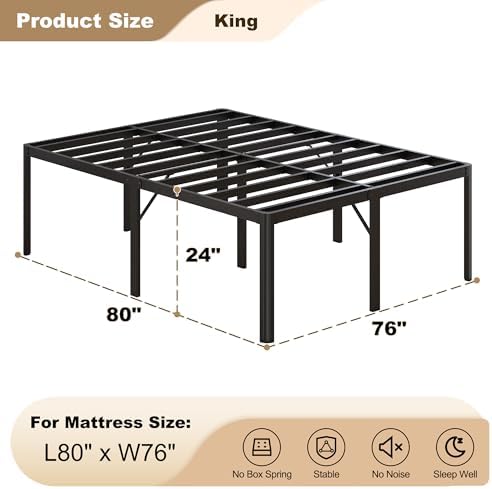 24 inch King Bed Frame with Rounded Corner, High Profile Bed Frame