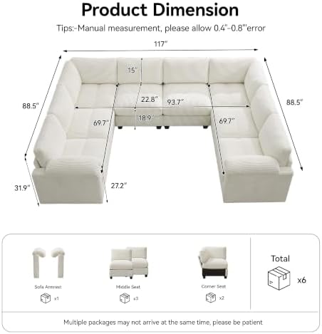 Modular Sectional Sofa, 117'' Oversized Deep Seat U Shaped Couch, Beige