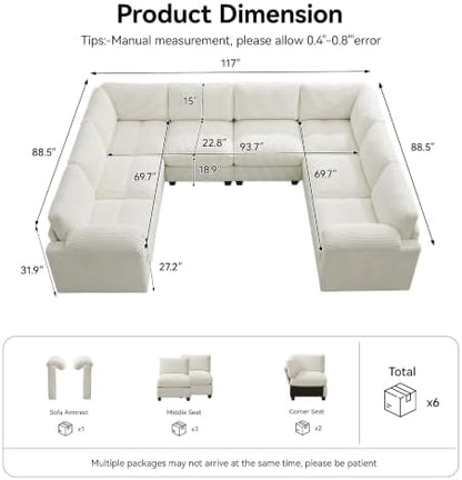 Modular Sectional Sofa, 117'' Oversized Deep Seat U Shaped Couch, Beige