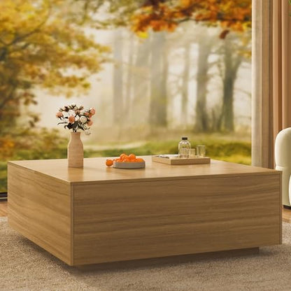 47 Inch Large Square Coffee Table with Storage,Wooden Coffee Table((OAK)