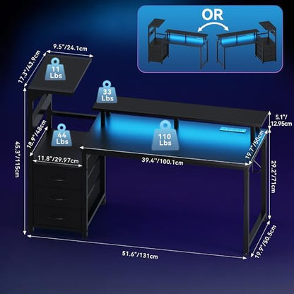 DUMOS 52" Gaming Desk with USB Charging Ports & LED Lights, Black