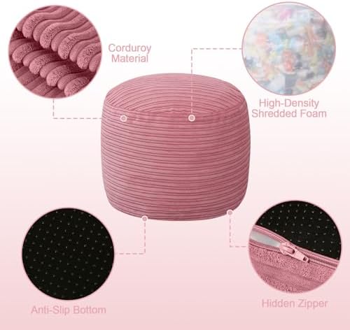 MeMoreCool Round Pouf Ottoman Foot Rest, Plush Floor Pouf, 20x15 Inch Pink