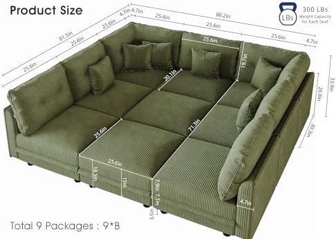 LLappuil 137" Modular Sectional Sofa with Storage, U Shaped 9-Seat Pet-Friendly Corduroy Couch with 9 Throw Pillows, Convertible Sofa Set for Living Room, Scratch Resistant, Green