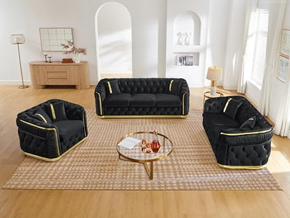 3-Piece Luxury Chesterfield Sofa Set with 1 Oversized Velvet 3-Seater Sofa & 1 Loveseat & 1 Single Sofa, 6-Seater Couch Set with 6 Pillow and Gold Stainless Decoration, for Living Room, Black