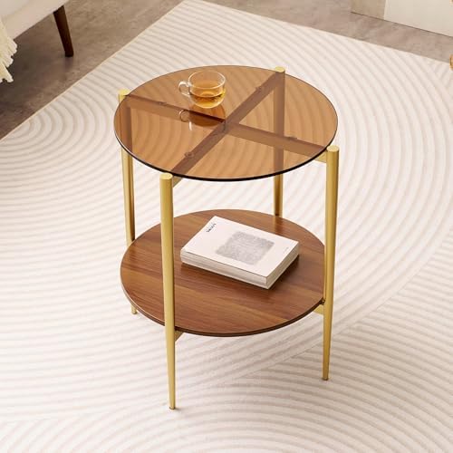 D18in Round Glass End Table, Mid-Century Modern Design Side Table for Living Room, D18xH23inch, Amber Glass and Walnut MDF Wood, Conical Legs with Gold Finish Frame