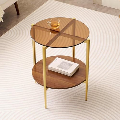 D18in Round Glass End Table, Mid-Century Modern Design Side Table for Living Room, D18xH23inch, Amber Glass and Walnut MDF Wood, Conical Legs with Gold Finish Frame