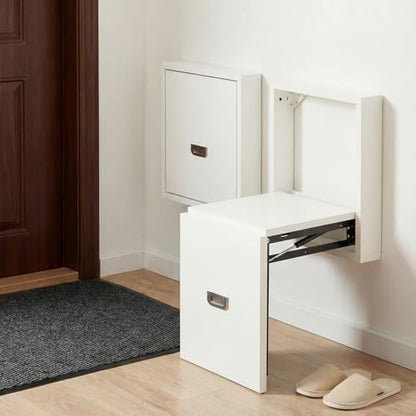 1 Pcs Wall Mounted Folding Chair, Modern Entryway Shoe Changing Stool, 330lbs Capacity, Extra-Wide Seat, Invisible Folding Chair for Hallway, Hidden Shoe Bench for Most Homes(Tea White)