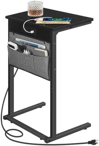 HOOBRO C Shaped End Table with Charging Station, Slide Under Couch Table