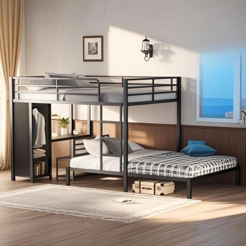 Queen Over Queen Size Metal Bunk Bed Frame with Built-in Wardrobe, Desk and Storage Chairs, Perfect for Kids Teens Adults