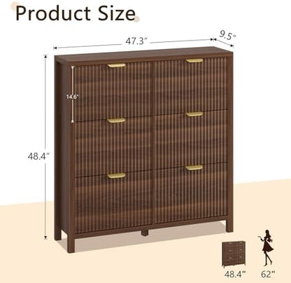 YOMILUVE 47.3" Shoe Cabinet Storage for Entryway, Fluted Shoe Cabinet with 6 Flip Drawers, Hidden Shoe Rack Freestanding Wooden Shoe Organizer with Legs for Hallway, Walnut