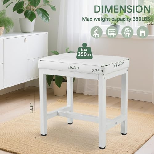 Vanity Stool Chair, Square Faux Leather Makeup Chair with Metal Legs, Cute Small Ottoman Vanity Bench, Foot Stool Chair for Vanity for Bedroom, Living Room, Bathroom, White