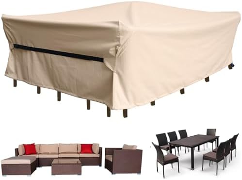 Patio Furniture Set Covers Waterproof Patio Conversation Sets Cover Heavy Duty 600D Outdoor Sectional Sofa Couch Cover Outside Dining Set Table and chairs Covers 90" L x 64" W x 28" H Beige