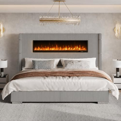 AMERLIFE King Bed Frame with Fireplace, Upholstered Headboard, Light Gray