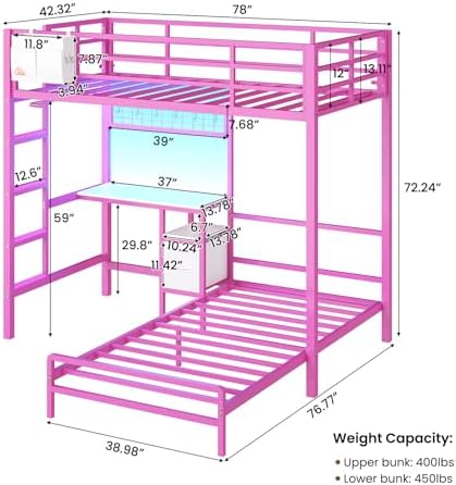 DICTAC Bunk Bed Twin Over Twin with Desk,Led Lights,Charging Station,Pink