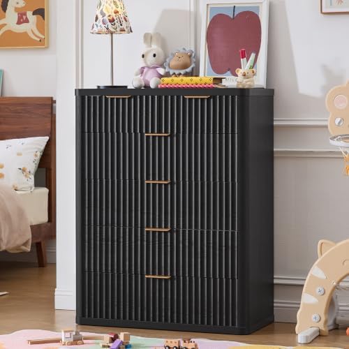 LEYAOYAO Fluted 6 Drawers Dresser for Bedroom, 42" Tall Modern Chest of Drawers with Metal Handle, Curved Profile Design,Black Wood Drawer Organizer for Bedroom, Living Room, Hallway, Entryway