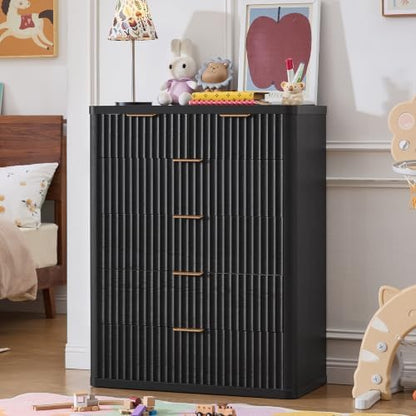 LEYAOYAO Fluted 6 Drawers Dresser for Bedroom, 42" Tall Modern Chest of Drawers with Metal Handle, Curved Profile Design,Black Wood Drawer Organizer for Bedroom, Living Room, Hallway, Entryway