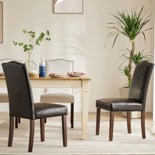 Kitchen Chairs Set of 2 Modern Upholstered Fabric Seat with Nailhead Trim and Ergonomic Lumbar Support for Living Room and Rustic Farmhouse Dining Area, Dark Brown