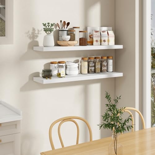 48 Inch Floating Shelves in White, 9.3 Inch Deep Wall Shelves for Bathroom, Living Room, Bedroom, Kitchen, Deep Long Shelf Wall Mounted 2 Pack Shelf for Books, Decor