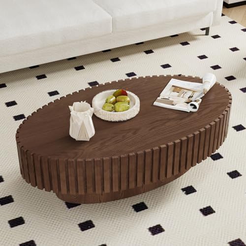 Modern Oval Drum Coffee Table Wood Circle Fluted Coffee Tables with Sturdy Pedestal, Veneer Handcrafted Relief Tea Table for Living Room Small Space Office Apartment (Rustic Brown 43.3")