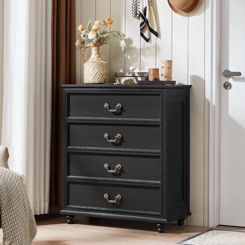 Joaxswe Farmhouse 4 Drawer Dresser Set of 2 for Bedroom, 37" Tall Rustic Chests of Drawers w/ 4 Solid Wood Feet, Mid Century Vintage Wooden Closet Storage Dressers Organizer for Living Room, Black