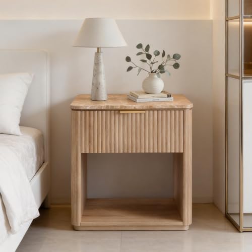1-Drawer Nightstand, Faux Marble Top, Natural Oak