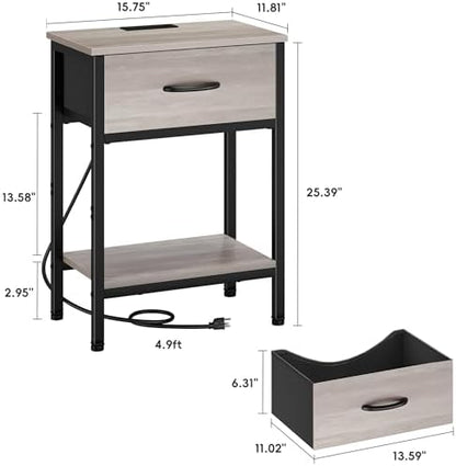 Nightstand with Charging Station, End Table with Fabric Drawer, Small Side Table with 2-Tier Storage Shelves, 25.4" Tall Night Stand, Bedside Table for Bedroom, Living Room, Dorm, Greige