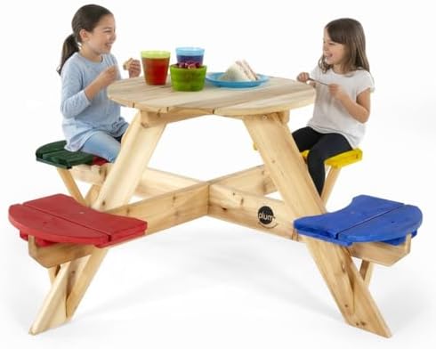 Plum® Kids Picnic Table - Wooden Toddler Table and Chairs Set, Outdoor Furniture for Patio, Garden, Backyard Dining & Activity, 4 Built-in Benches, Sturdy, Durable, Weatherproof, Ages 3+, Natural